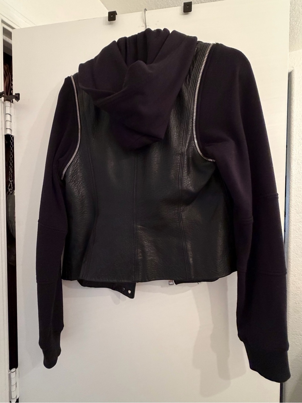 Vince Black Leather Moto Jacket with Hooded Knit Sleeves - Picture 7 of 9